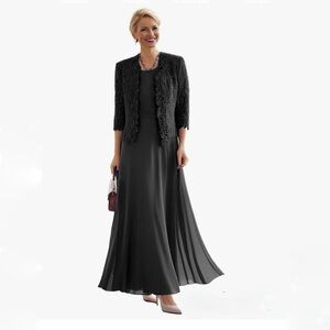 Elegant Black Maxi Dress with Lace Jacket. Wedding/Mother of Bride
